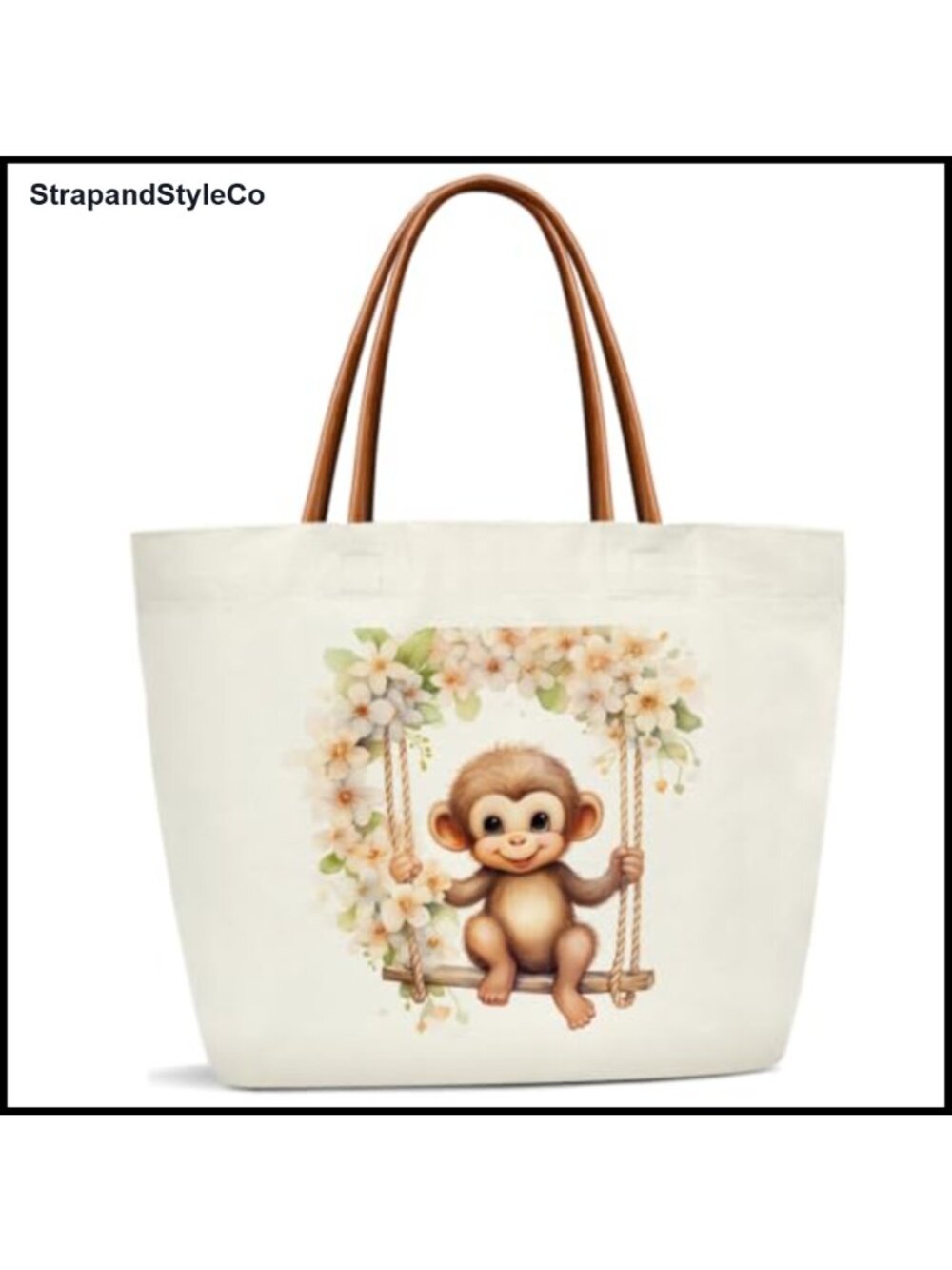 Canvas Tote Bag Leather Handles Reusable Grocery Shoulder Bag Cute Monkey Gift